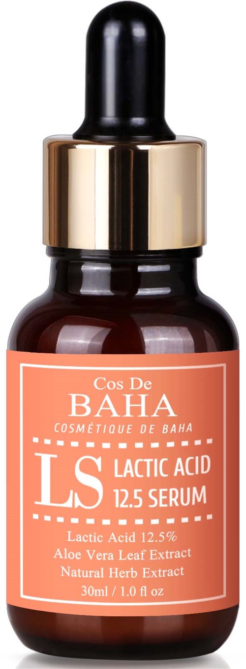 En liten brun flaske med sort pipettehette inneholder Lactic Acid 12,5% serum med aloe vera og urteekstrakter.