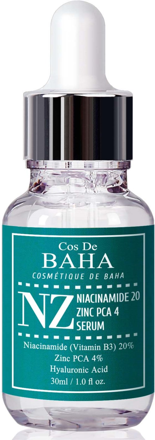 Klein glazen flesje met pipet voor huidverzorgingsserum met vitamines en zink. Label is teal met witte tekst.