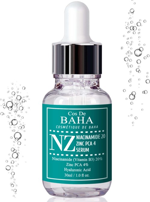Een heldere druppelfles met huidverzorgingsingrediënten, omgeven door bellen, met serum boordevol vitamines en hyaluronzuur.