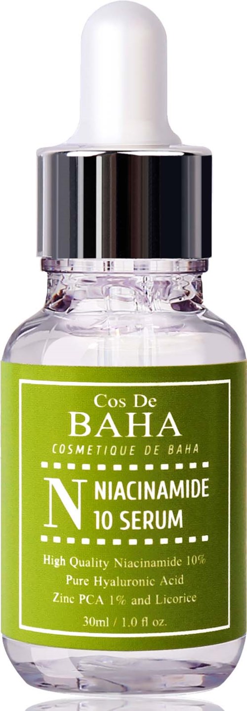 Kleine glazen fles met pipetdop, gelabeld 'Cos De BAHA Niacinamide 10 Serums', groene label met witte tekst.