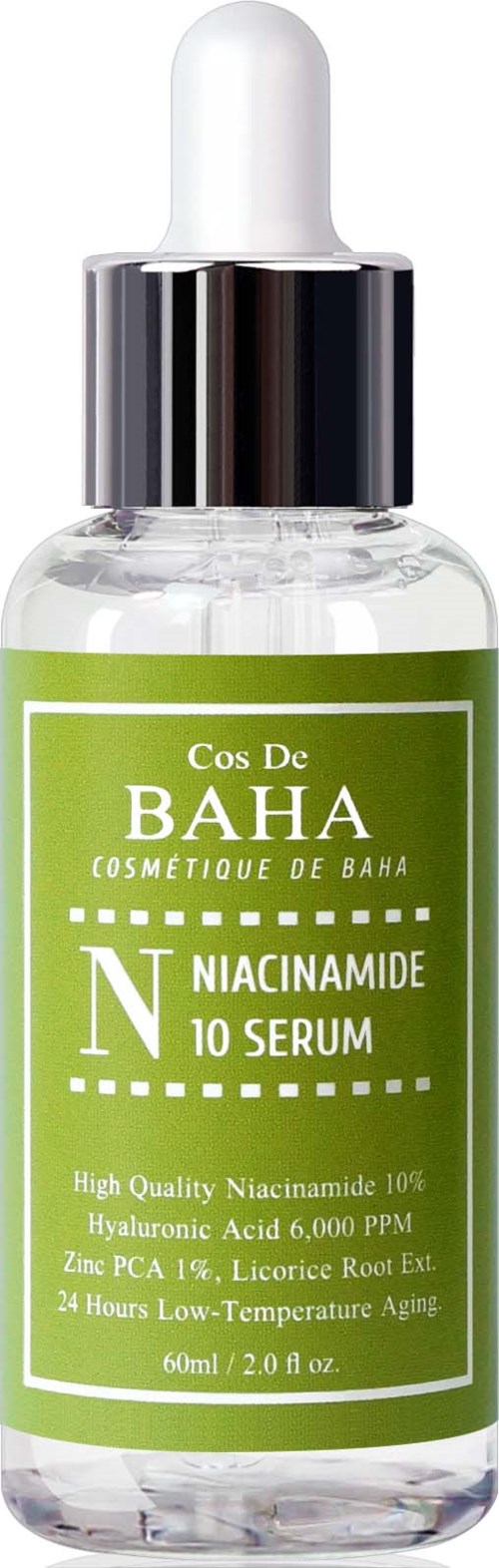 A small clear bottle with a white dropper cap labeled 'Niacinamide 10 Serum' in green and white.