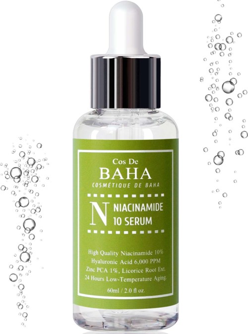 A clear serum bottle with a white dropper cap and a green label, surrounded by water bubbles.