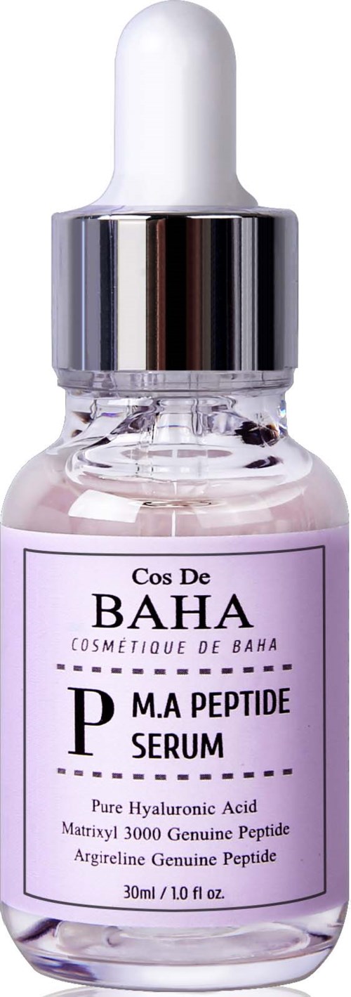 Een klein glazen flesje met een witte dop, bevat Baha-serum met ingrediënten zoals hyaluronzuur en peptiden.