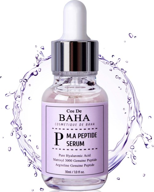 Klein glazen fles met witte pipetkap, gelabeld 'BAHA' en 'P.MA PEPTIDE SERUM', omgeven door water streams.