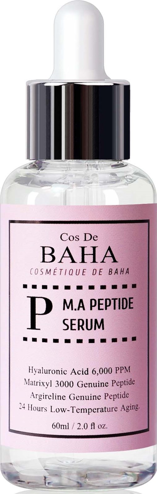 Eine kleine klare Flasche mit pinkem Etikett, Tropfverschluss und Text über ein Serum mit Peptiden und Hyaluronsäure.