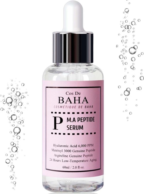 Eine klare Sereneflasche mit Pipette, beschriftet 'Baha Peptide Serum,' umgeben von Wasserblasen.
