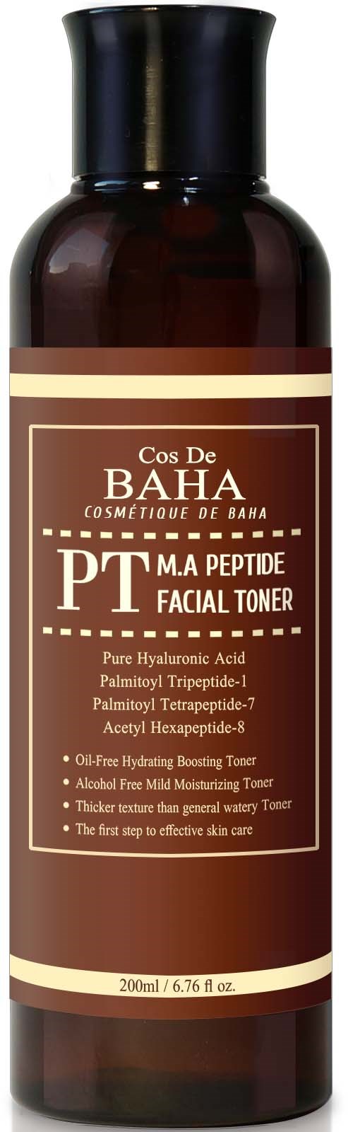 A brown bottle with a beige label showing product details for a facial toner.