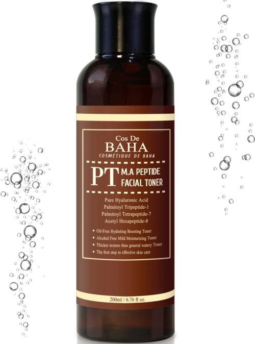 A brown bottle labeled 'Cos De Baha PT Ma Peptide Facial Toner' with water bubbles surrounding it.