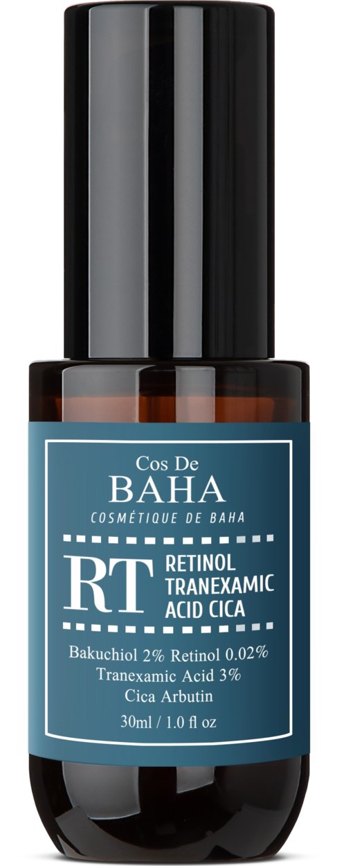 En liten mørk flaske med blå etikett for hudpleie, inneholder retinol, traneksamsyre og cica, 30 ml.