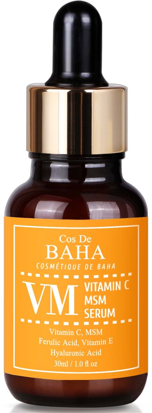 En liten brun flaske med pipettlokk, merket som Vitamin C MSM Serum i oransje og hvitt.
