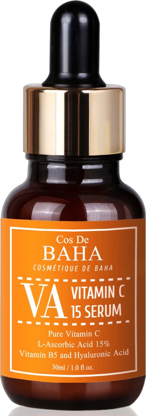 Bruine fles met oranje label, zwarte druppeldop, bevat vitamine C-serum voor huidverzorging.