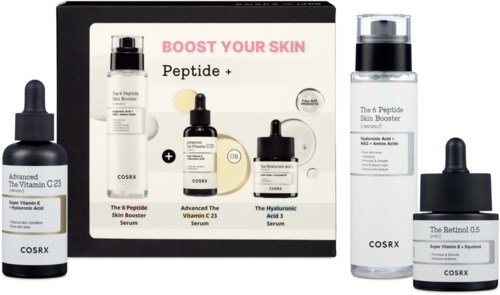 Set of three skincare bottles labeled advanced vitamin C, skin booster, and retinol, with a box displaying the same products.