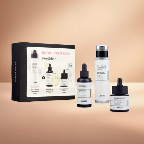Set of three skincare bottles with dropper and pump, along with a box, on a beige background.