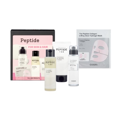Skincare- och hårvårdsprodukter med etiketter, inklusive en rosa box och en maskpåse.