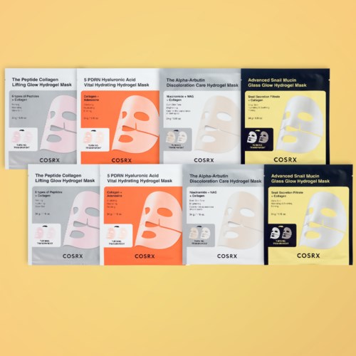 Various skincare sheet masks with different ingredients and purposes. Packaging colors include white, orange, and yellow.