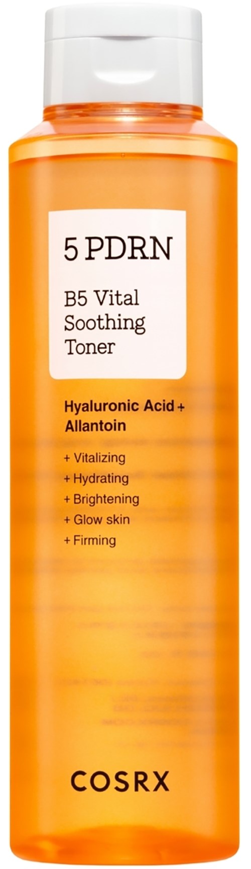 Oranje fles met COSRX-toner en label met ingrediënten en voordelen voor de huid.