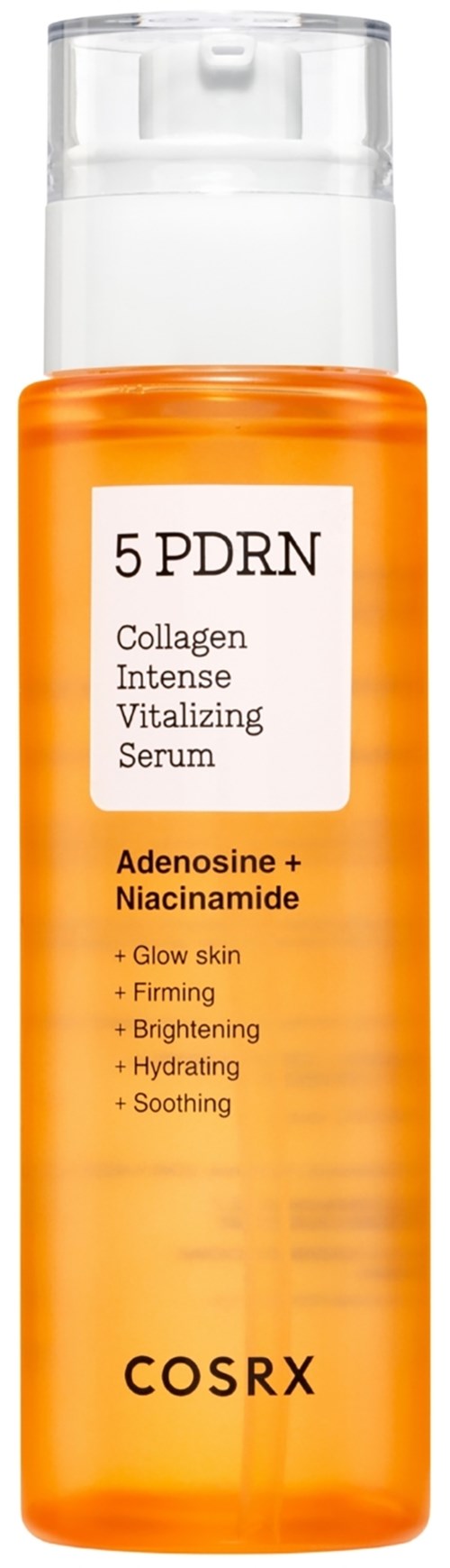 An orange bottle with a white cap, labeled '5 PDRN Collagen Intense Vitalizing Serum' by COSRX, benefits skin.