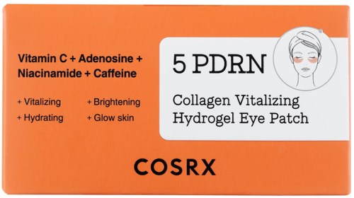 Orange box med ögonmask, innehåller vitaminer C, A, Niacinamide, koffein för hudfördelar.