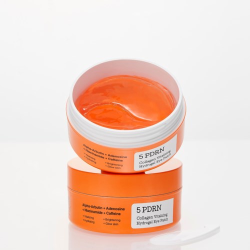 Två orange burkar med ögonlappar märkta 5 PDRN, en öppen visar orange gel.