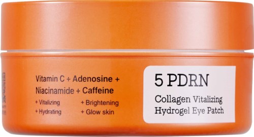 Oransje beholder med kollagen øyeplaster og nøkkelingredienser på etiketten.