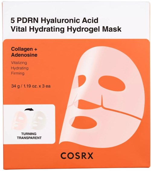 En box med ansiktsmasker i orange och vit förpackning som framhäver hyaluronsyra och kollagen.