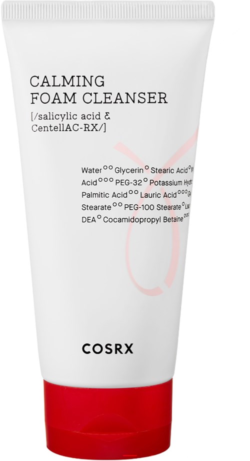 Een witte tube met rode onderkant, met 'Calming Foam Cleanser' van COSRX en ingrediëntenlijst.
