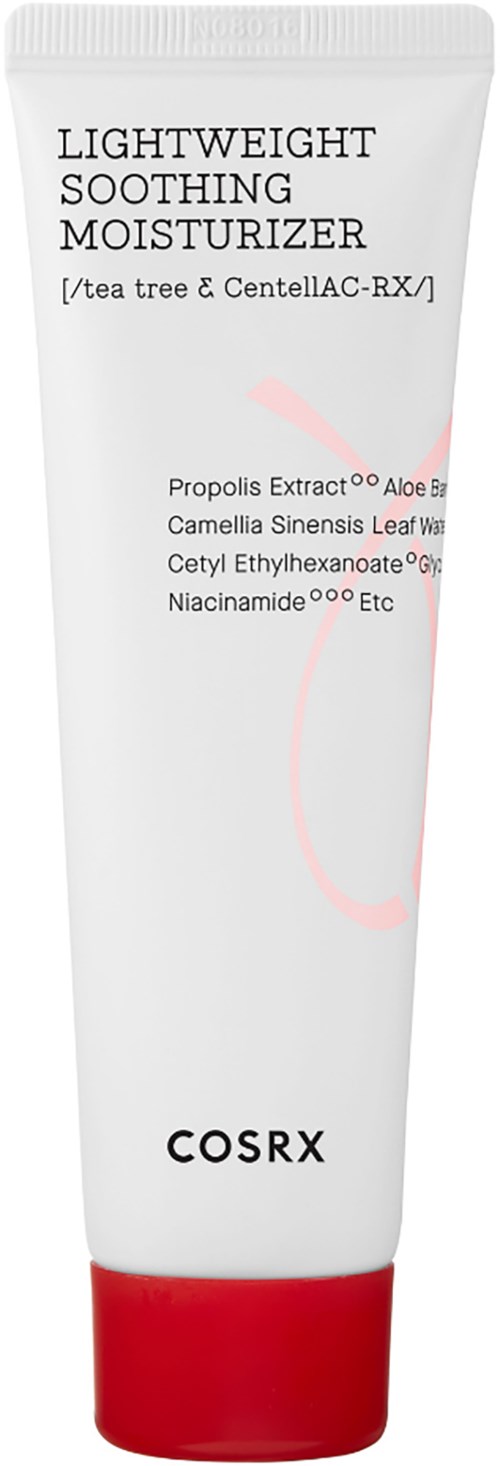 Een witte en rode tube met de tekst 'Lightweight Soothing Moisturizer' en ingrediënten eronder, van COSRX.