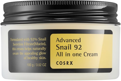 A jar of skincare cream labeled 'Advanced Snail 92 All in one Cream' by COSRX, with black lid and yellow label.
