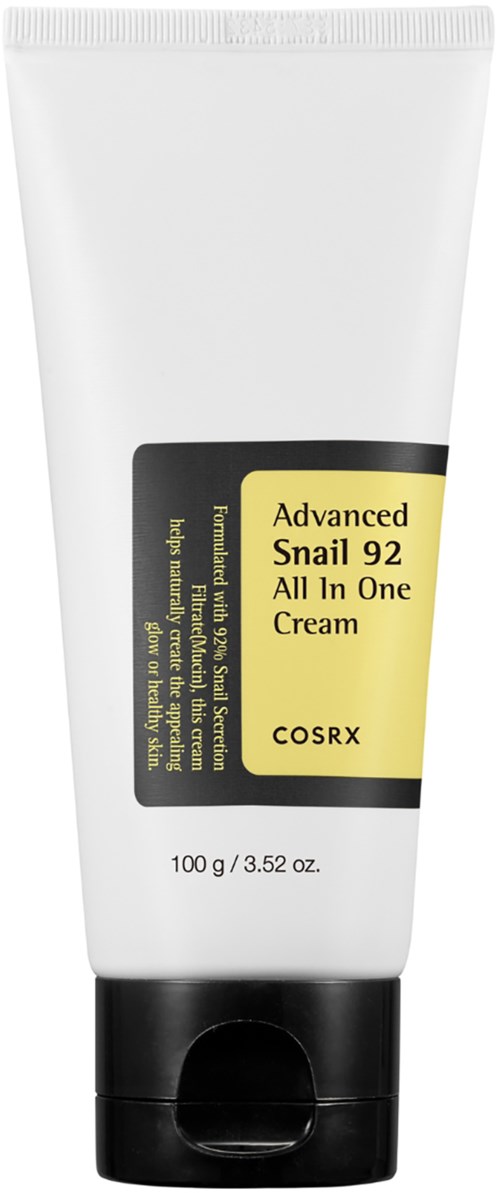 A white tube of skincare cream labeled "Advanced Snail 92 All In One Cream" with black and yellow label.