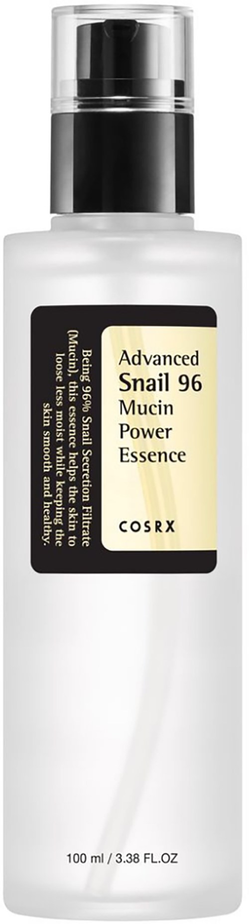A white bottle labeled 'Advanced Snail 96 Mucin Power Essence' by COSRX, with a black cap and a simple design.