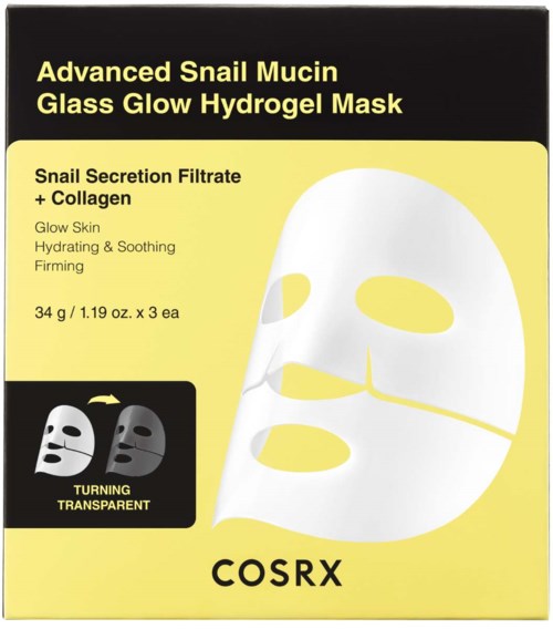 Die Verpackung enthält eine Gesichtsmaske mit weißem Gesichtsschutz und gelbem Hintergrund, als fortgeschrittene Schneckenmucine Maske gekennzeichnet.