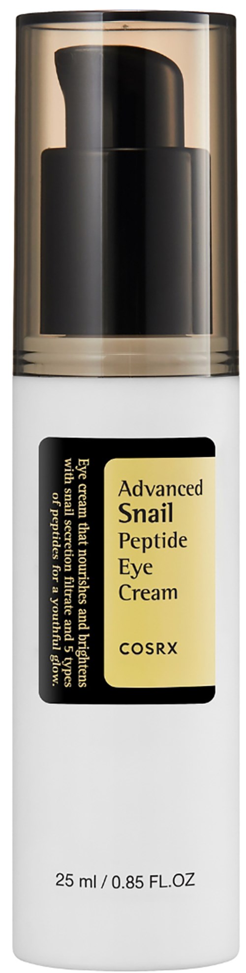 A white bottle with a black pump and a label that says 'Advanced Snail Peptide Eye Cream' by COSRX.