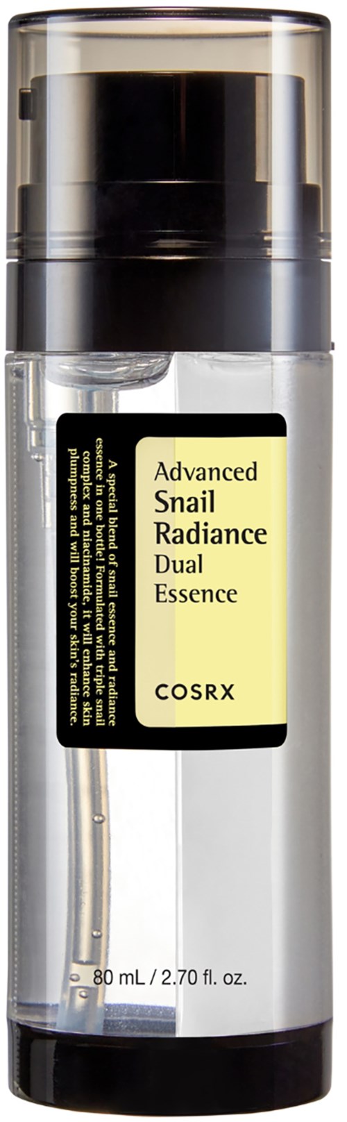 Een doorzichtige fles met een zwarte pomp en een label dat zegt "Advanced Snail Radiance Dual Essence" van COSRX.