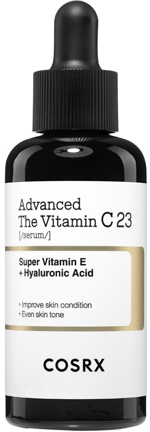 Donkere fles met pipet bevat een huidserum met vitamine C, E en hyaluronzuur.