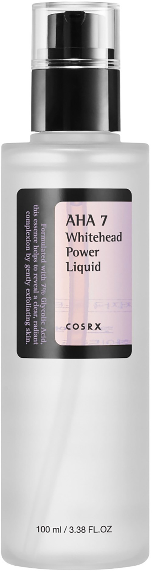 Een witte fles met pompverstuiver gemarkeerd 'AHA 7 Whitehead Power Liquid' door COSRX, bevat huidverzorgingsserum.