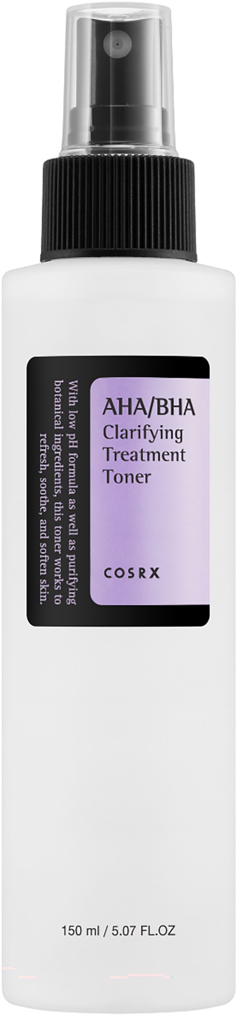 Een witte fles met een zwart spraydopje, gelabeld als AHA/BHA Verhelderende Treatment Tonic door COSRX.