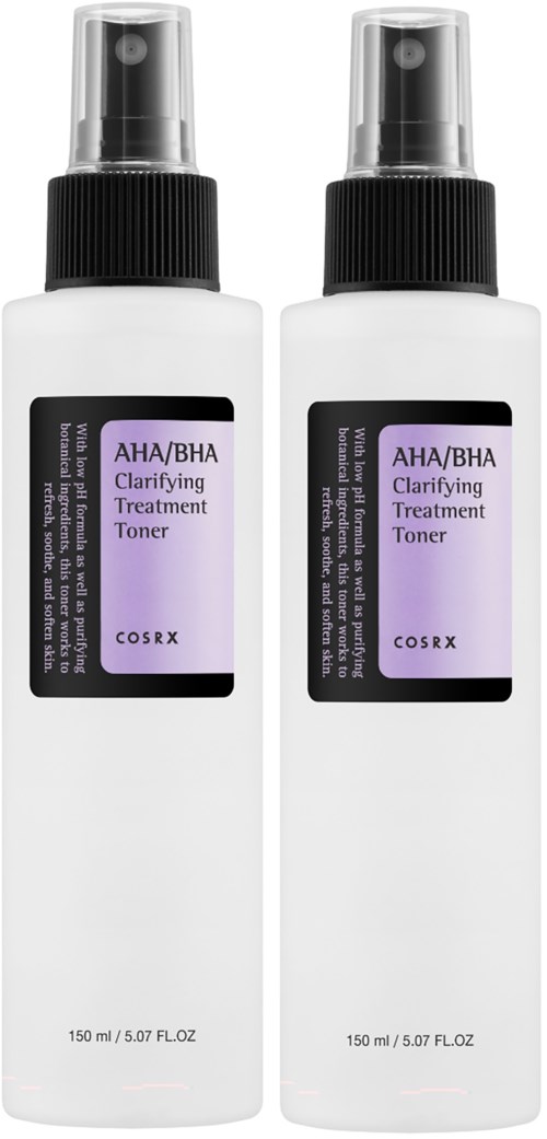 Twee witte flessen gezichtsverzorgingstoner met zwarte doppen, labeled AHA/BHA Clarifying Treatment Toner, door COSRX.