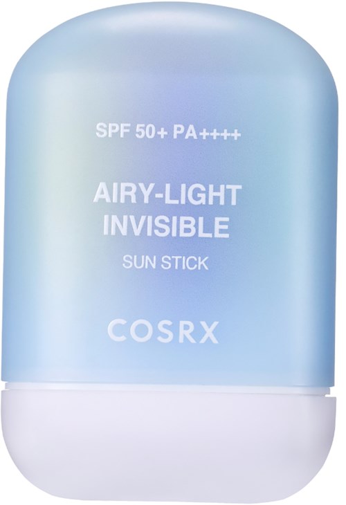 A light blue, rounded skincare product container labeled 'Airy-Light Invisible Sun Stick' with SPF 50+ PA++++.