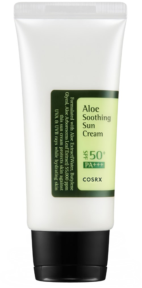 A white tube of Aloe Soothing Sun Cream with SPF 50+ and PA+++ from COSRX.