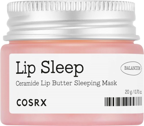 Ein kleiner rosa Topf mit der Aufschrift Lip Sleep, enthält Ceramid-Lippenbutter für Schlaf, mit silbernem Deckel.