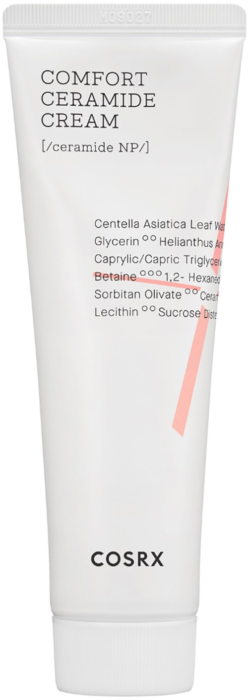 Een witte tube met COSRX Comfort Ceramide Cream en ingrediënten in het midden.
