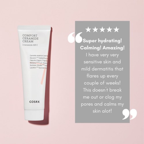 Een tube crème naast een positieve review met vijf sterren op roze achtergrond.