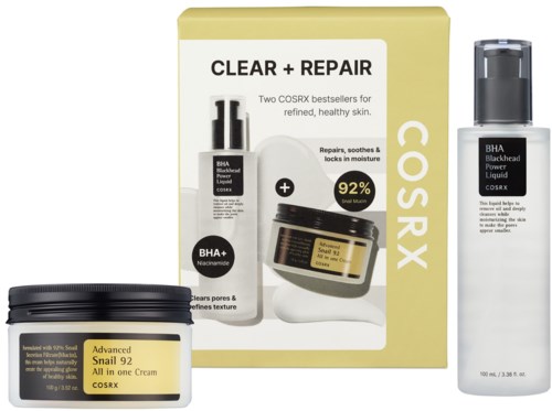 A skincare set with a cream, serum, and a small container, likely for skin repair and cleansing.