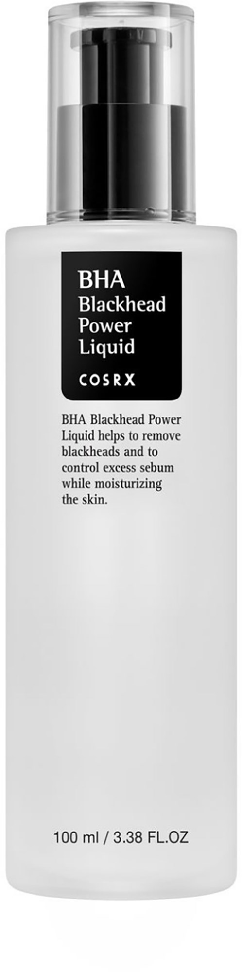 Een witte fles met pomp, met label 'BHA Blackhead Power Liquid' van COSRX, voor het verwijderen van mee-eters.