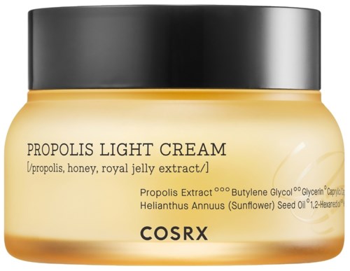 Een potje Propolis Light Cream van COSRX met een zwarte deksel en een gele body, bevat natuurlijke ingrediënten.