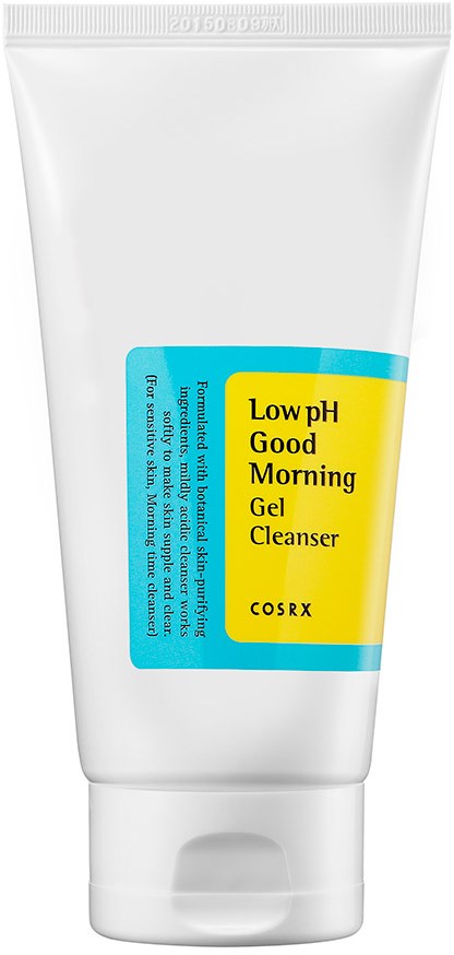 En vit tub med en gul och blå etikett. Texten säger "Low pH Good Morning Gel Cleanser" av COSRX.