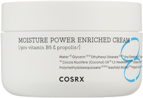 Valkoinen purkki, jossa musta teksti nimeltä Moisture Power Enriched Cream COSRX:lta.