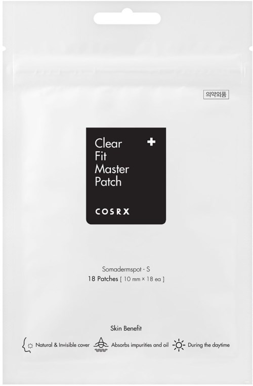 Verpakking voor COSRX Clear Fit Master Patch, bevat 18 pleisters, met tekst over huidvoordelen en gebruik.