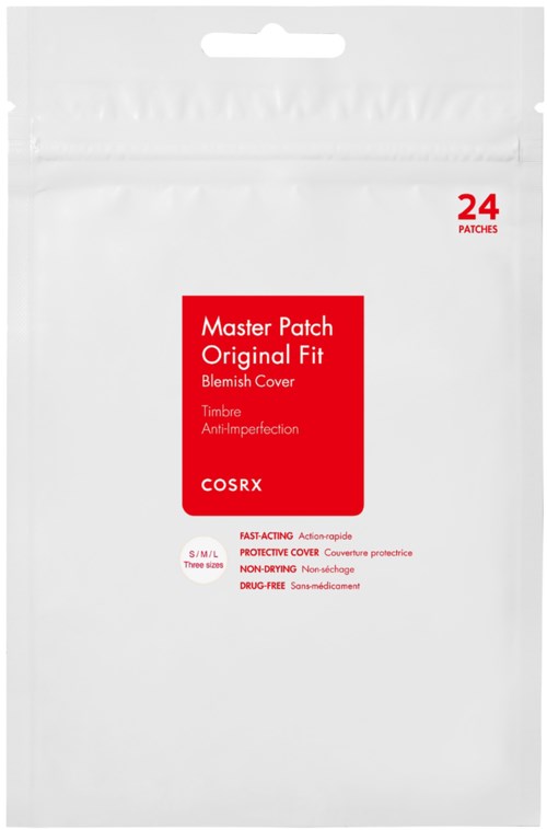 Een wit pakket bevat 24 rode pleisters met de label 'Master Patch Original Fit Blemish Cover' van COSRX.