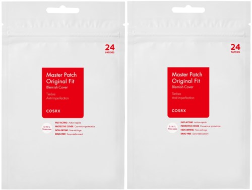 Twee witte verpakkingen van COSRX Master Patch Original Fit puistpatches, bedoeld voor acnebehandeling, met rode en zwarte tekst.